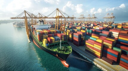 Fototapeta premium Large cargo ship maneuvering through a busy harbor filled with stacked shipping containers during daytime. Generative AI