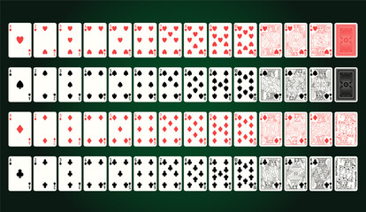 Vector Poker playing cards. Full deck. Set of Aces Kings Queehs and Jacks. Spades Hearts Diamonds and Clubs suits. Vector editable illustration.