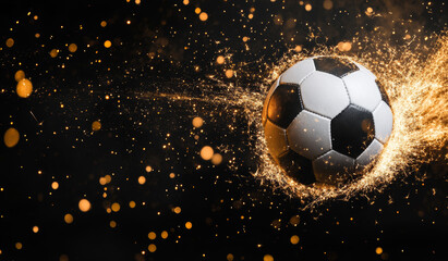 Fototapeta premium A soccer ball flies through the air, leaving a trail of vibrant particles sparkling against a black background. The moment captures the energy of a powerful kick, showcasing dynamic motion