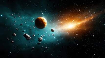 A vibrant cosmic scene featuring an asteroid field and planets, evoking a sense of wonder and the infinite possibilities of exploration beyond our world.
