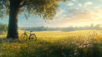 Obraz premium Sunny afternoon in a serene meadow with a bicycle next to an old tree under a blue sky. Generative AI
