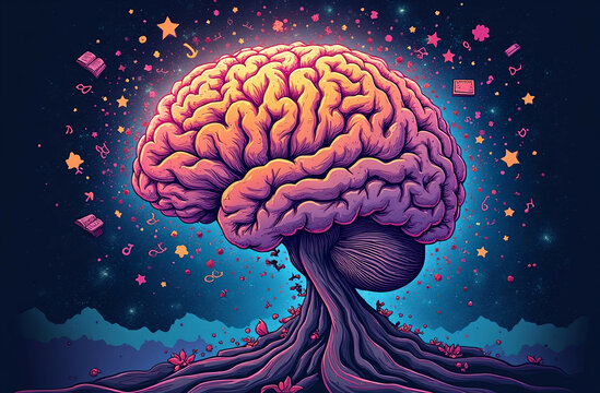 Vibrant Psychedelic Art of Human Brain Exploding with Creativity, Knowledge, and Abstract Energy