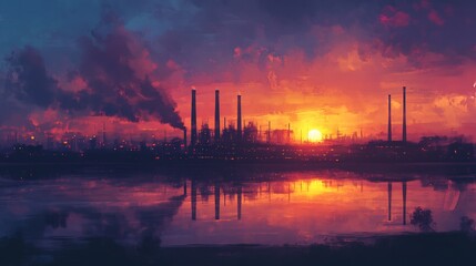Fiery sunset silhouettes industrial complex reflecting calmly on still water. AI Generated