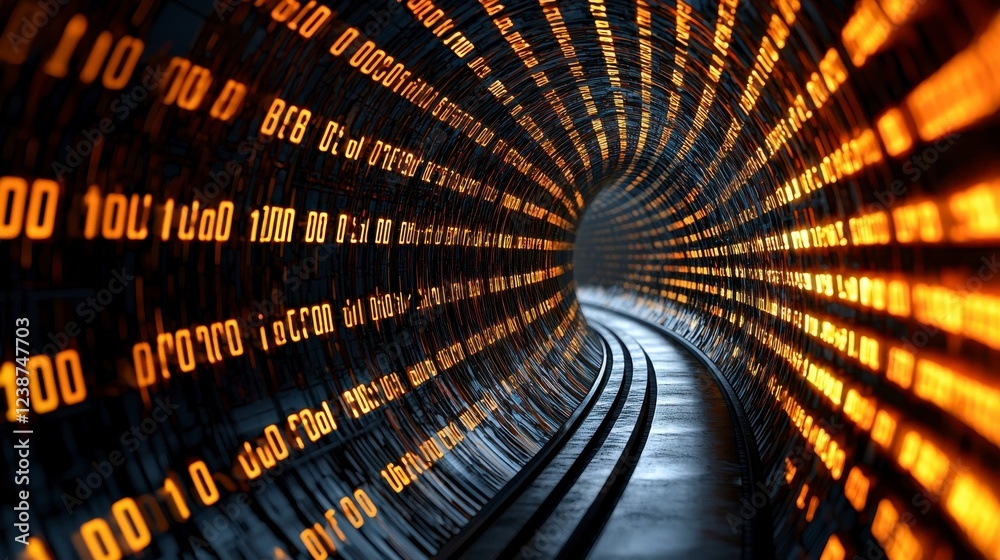 Poster abstract technology background with glowing binary code in a futuristic tunnel design