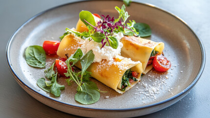 Oven baked cannelloni filled with spinach, ricotta, and cherry tomatoes, garnished with fresh herbs