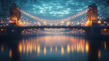 Brightly illuminated bridge over calm water during twilight with dramatic cloud cover and reflections. Generative AI