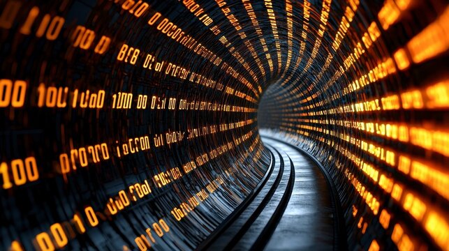 Abstract technology background with glowing binary code in a futuristic tunnel design