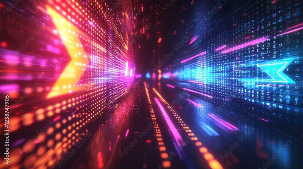 Poster A stunning array of colorful lights streams through a dark virtual corridor, creating a sense of speed and movement. Neon hues of blue, pink, and orange collide in a captivating display