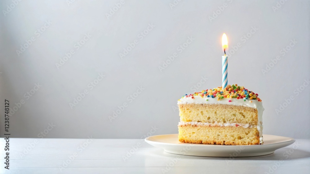 Poster a single slice of delicious vanilla cake with colorful sprinkles and a lit candle on a plate