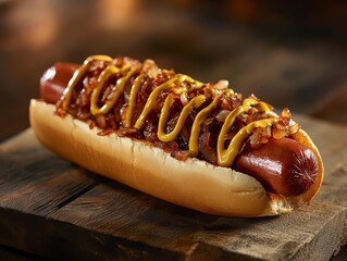 gourmet artisanal hot dog with spiral mustard drizzle and caramelized onions on a rustic wooden board with dramatic lighting