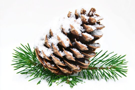 A pine cone covered in snow, great for winter or seasonal use