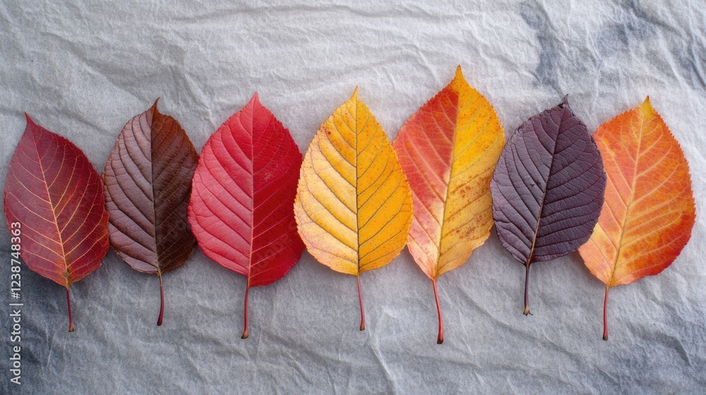 Poster a collection of five different colored leaves arranged on a piece of paper