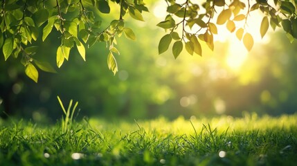 Obraz premium Soft Sunlight Through Lush Green Leaves and Grass Illuminating Tranquil Nature Scene