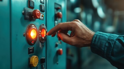 This intriguing image shows a hand reaching towards vintage machinery controls, highlighting the connection between human touch and industrial technology in a captivating environment.