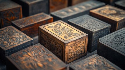 Fototapeta premium Handcrafted wooden boxes with intricate designs showcased in artisan market during sunny afternoon. Generative AI