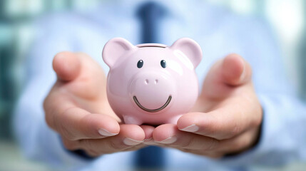 person holding pink piggy bank, symbolizing savings and financial planning