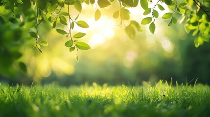 Obraz premium Sunlight Filtering Through Green Foliage in Meadow with Grass at Base of Frame Nature Scene