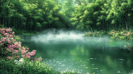 Obraz premium Morning Mist Over Serene Forest Lake Tranquil Nature Scene Vibrant Greenery Peaceful Environment Reflective Viewpoint