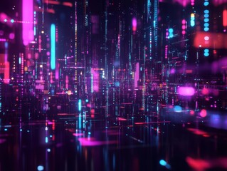 Obraz premium holographic cloud computing visualization with floating neon data streams, geometric patterns, and translucent tech elements on dark background