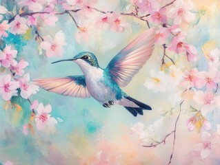 Obraz premium hummingbird mid-flight against blooming cherry blossoms, iridescent feathers catching sunlight, soft pastel background