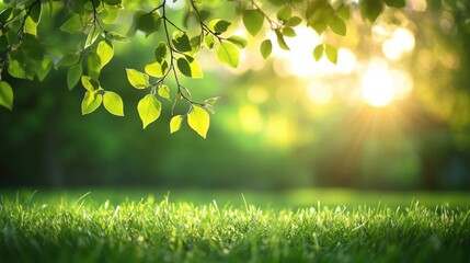 Obraz premium Sunlight Streaming Through Leaves Over Lush Green Grass In A Peaceful Natural Setting