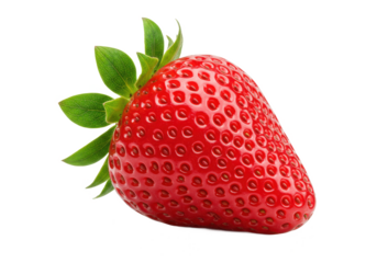 Single ripe strawberry with green leaves, isolated on white background