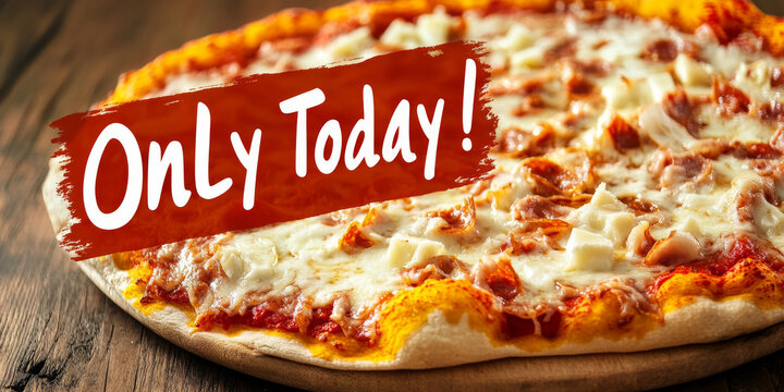 A freshly baked pizza topped with cheese and assorted meats is showcased on a wooden surface. A bold banner emphasizes a special offer available only today, inviting customers to indulge