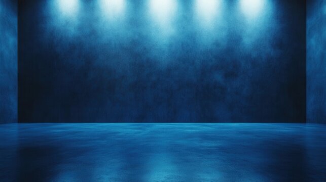Moody blue empty room with dramatic lighting and reflective floor in a modern interior space