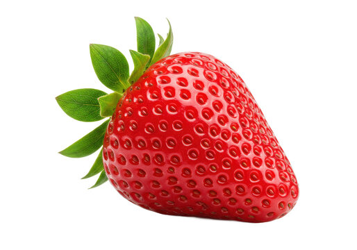 Single ripe strawberry with green leaves, isolated on white background