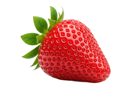 Single ripe strawberry with green leaves, isolated on white background