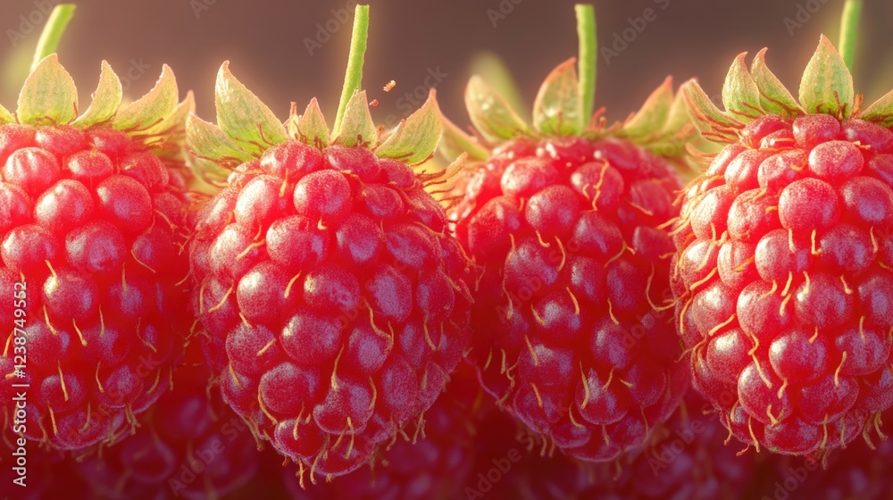 Poster a close-up view of fresh raspberries on a wooden surface