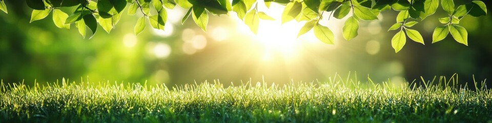 Obraz premium Sunlit Green Grass and Foliage with Bright Sunlight Shining Through Leaves Spring Atmosphere