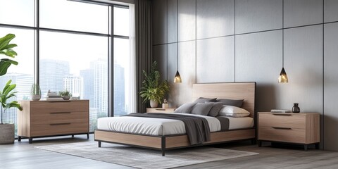 A contemporary bedroom set with a modern design and functional storage, featuring wood finish elements and grey upholstery on the beds.