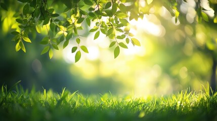 Obraz premium Sunlit Leaves and Fresh Green Grass in a Peaceful Nature Scene with Bokeh Background