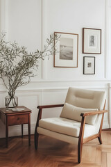 Fototapeta premium Serene Minimalist Living Room with Beige Armchair and Olive Branch
