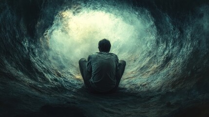 Obraz premium Person sitting in a dark cave looking towards a bright light in a surreal landscape. Generative AI