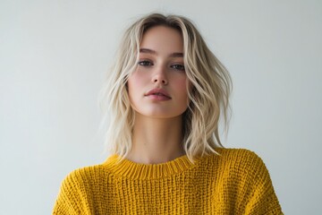 A woman with blonde hair wearing a yellow sweater