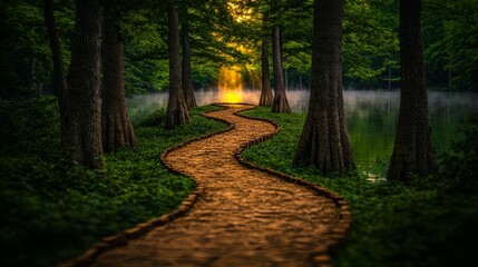 Fototapeta premium Serene Winding Path at Sunrise Through Forest by Tranquil Lake Nature Photography Peaceful Atmosphere Scenic View