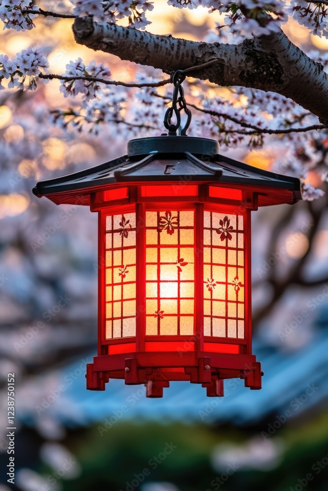 Poster a red lantern hangs from a tree branch adorned with white flowers, providing a warm and inviting amb