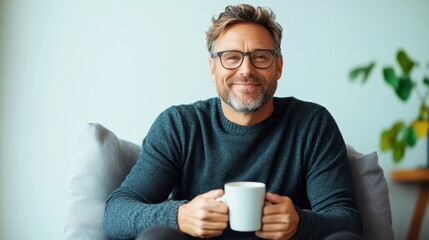A smiling man with glasses sits comfortably on a couch, holding a cup of coffee, radiating warmth and contentment in a serene indoor environment.