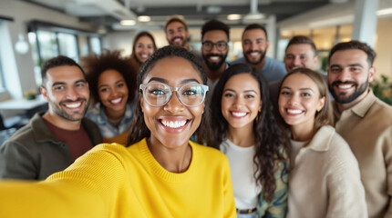 Selfie et groupe de personnes d’affaires au bureau prenant des photos pour les réseaux sociaux. Portrait de diversité, collaboration et amis heureux, hommes et femmes riant et prenant une photo pour l