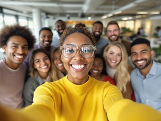 Selfie et groupe de personnes d’affaires au bureau prenant des photos pour les réseaux sociaux. Portrait de diversité, collaboration et amis heureux, hommes et femmes riant et prenant une photo 