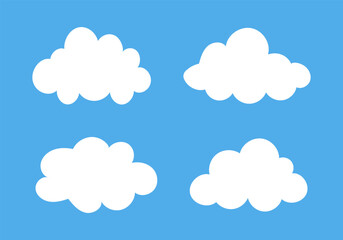 Flat clouds in blue sky background. White puffy, fluffy, cumulus clouds. Cloudy shapes mockup. Weather abstract elements template. Objects cloudscape layout.