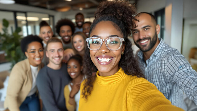 Selfie et groupe de personnes d&rsquo;affaires au bureau prenant des photos pour les r&eacute;seaux sociaux. Portrait de diversit&eacute;, collaboration et amis heureux, hommes et femmes riant et prenant une photo