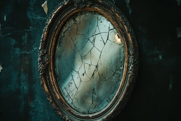 Fototapeta premium An ornate, cracked mirror hangs on a weathered wall, capturing glimpses of muted light and shadows. The setting evokes a sense of history and forgotten stories in a quiet, atmospheric space