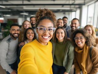 Selfie et groupe de personnes d’affaires au bureau prenant des photos pour les réseaux sociaux. Portrait de diversité, collaboration et amis heureux, hommes et femmes riant et prenant une photo pour l