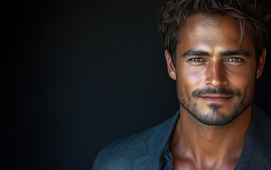handsome man with a beard and blue eyes is wearing a suit and smiling to the camera