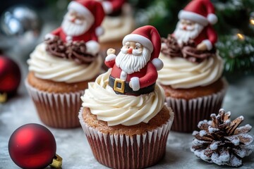 Close up shot of colorful cupcakes with creamy frosting on a table, perfect for food and dessert photography