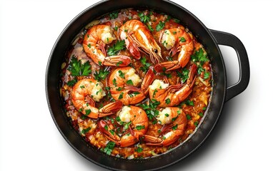 Fiery Shrimp Scampi Dish Cooking on a Hot Skillet, with Garlic Butter and Fresh Parsley, Top-Down View