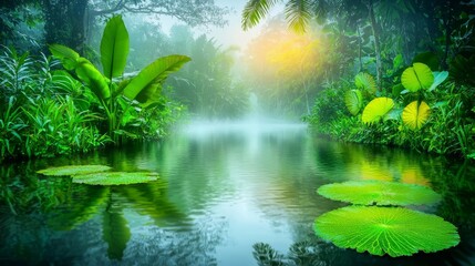 Fototapeta premium Serene Jungle River Adventure Lush Greenery Nature Landscape Peaceful Environment Tranquil Viewpoint Refreshing Concept